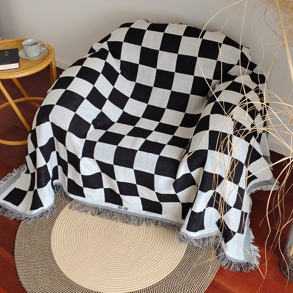 Colour Block Chequerboard Fringe Trim Sofa Blanket Sofa Cover