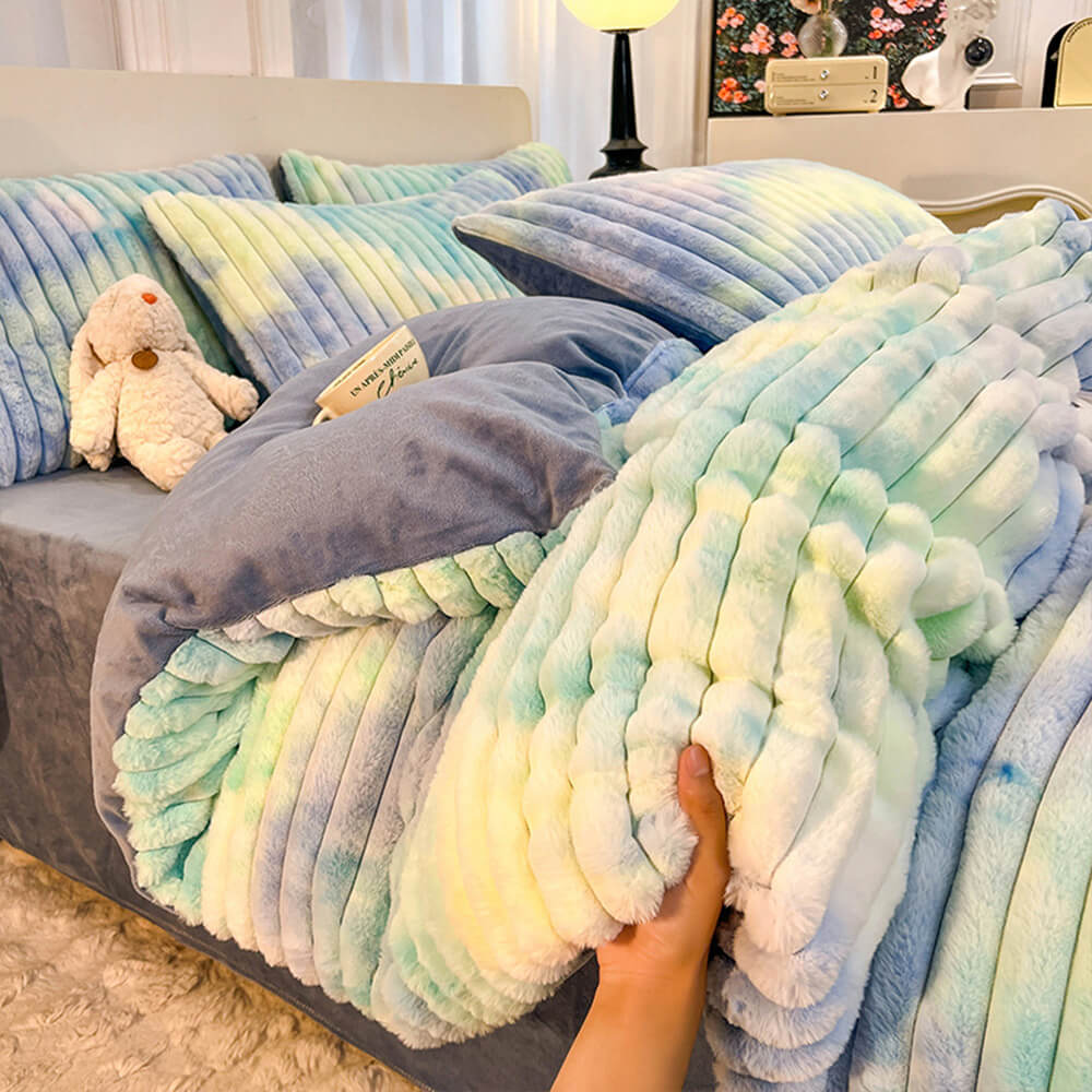 Colourful Gradient Textured Bubble Faux Rabbit Fur Soft Bed Sheet Set