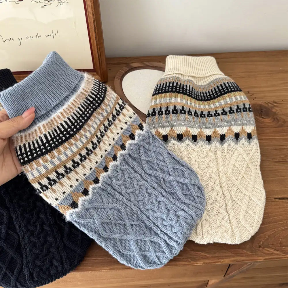Fair Isle Pattern Knitted Linen Dog Jumper Sweater with Classic Collar