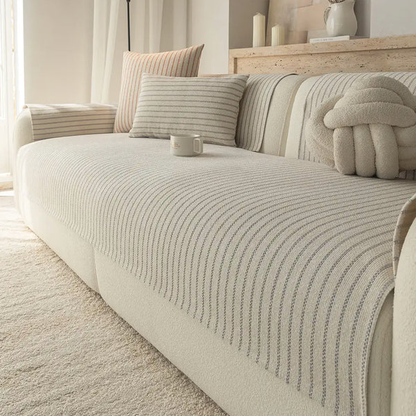 Faux Cotton-Linen Chenille Striped Breathable Scratch-Resistant Sofa Cover