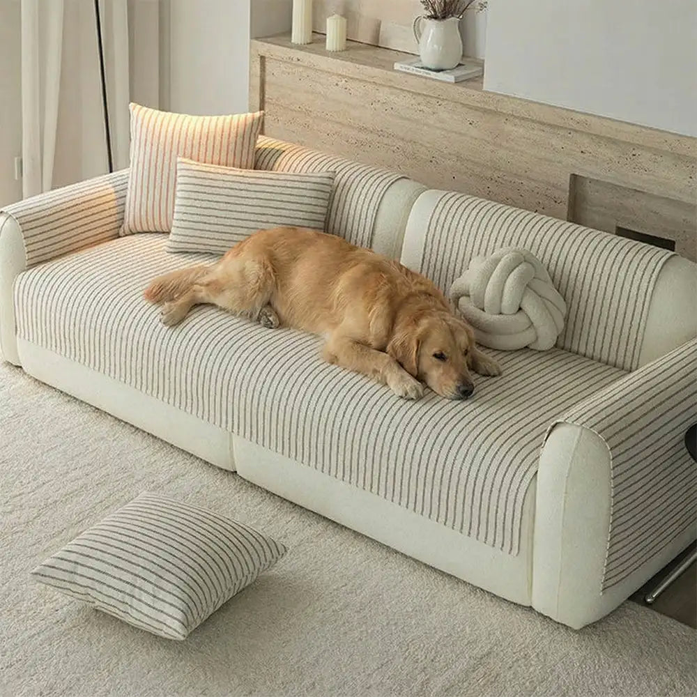 Faux Cotton-Linen Chenille Striped Breathable Scratch-Resistant Sofa Cover