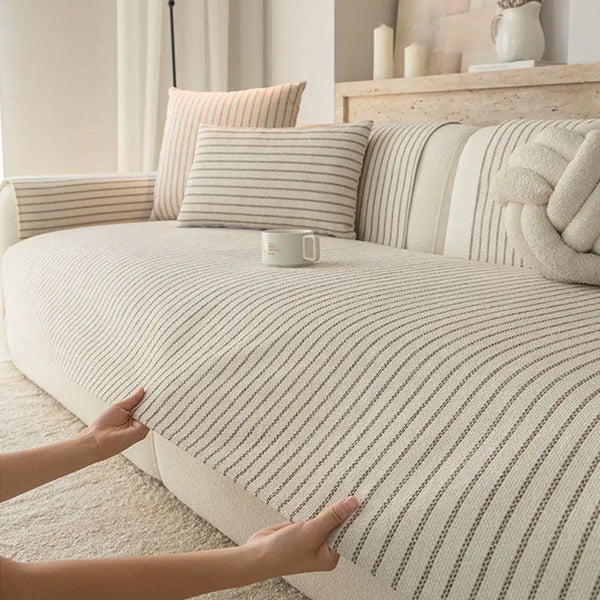 Faux Cotton-Linen Chenille Striped Breathable Scratch-Resistant Sofa Cover