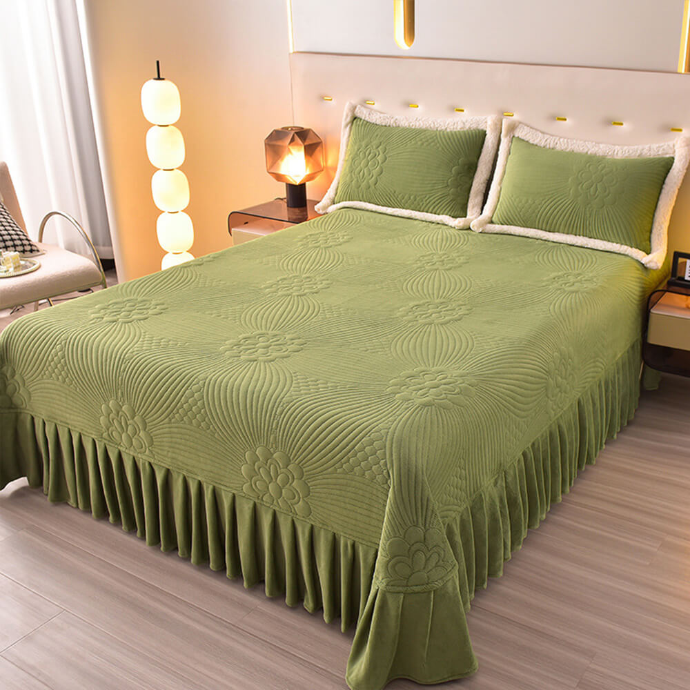Floral Quilted Cosy Thickened Milk Fleece Bed Skirt Set