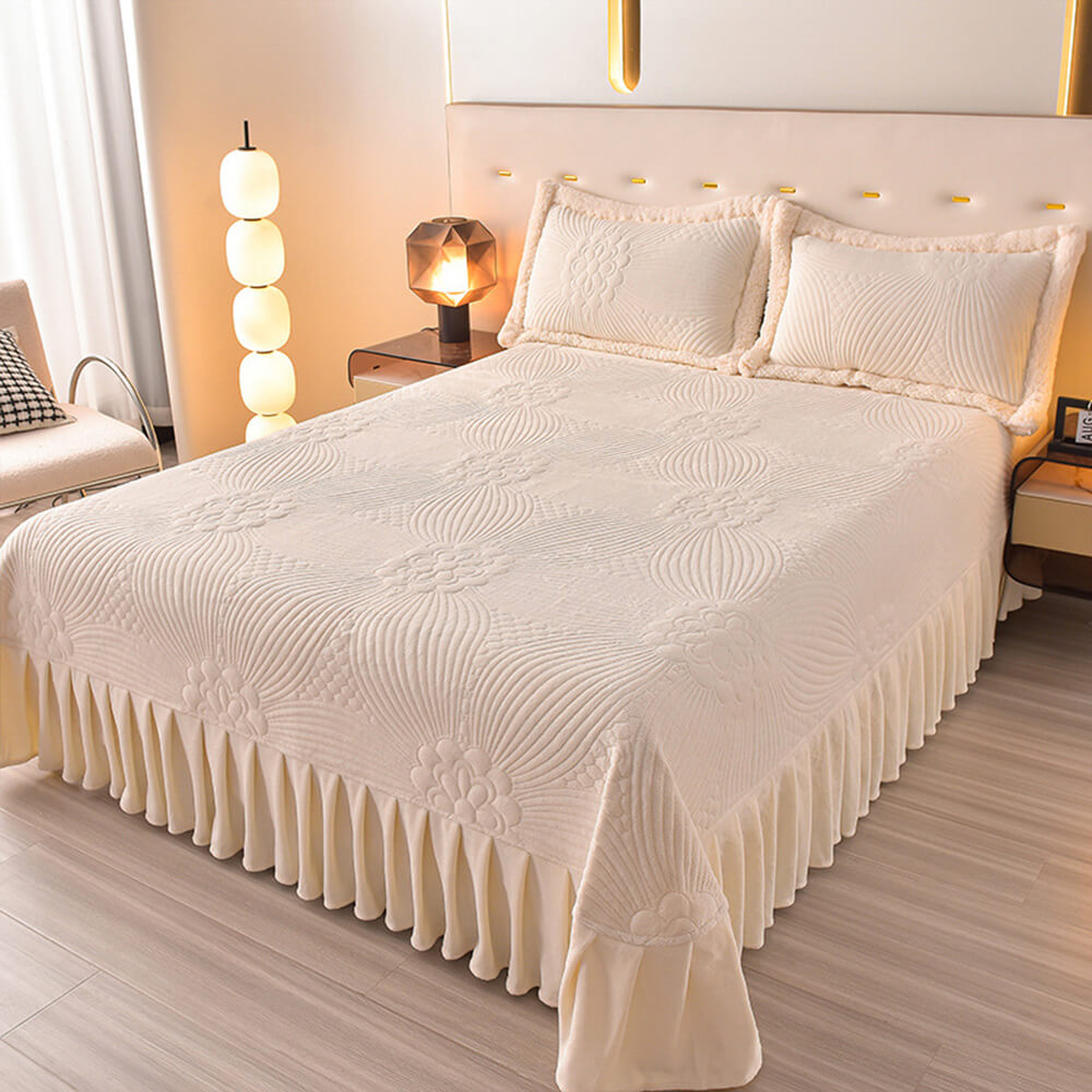 Floral Quilted Cosy Thickened Milk Fleece Bed Skirt Set