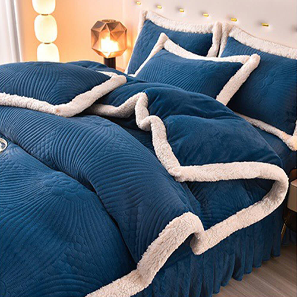 Floral Quilted Cosy Thickened Milk Fleece Bed Skirt Set