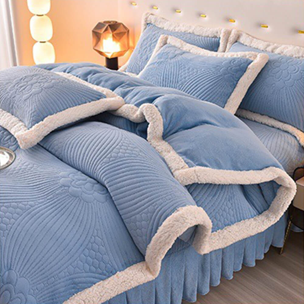 Floral Quilted Cosy Thickened Milk Fleece Bed Skirt Set