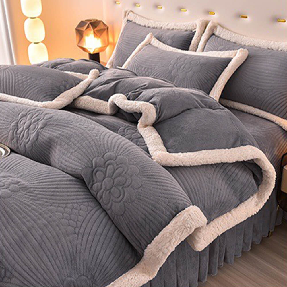 Floral Quilted Cosy Thickened Milk Fleece Bed Skirt Set
