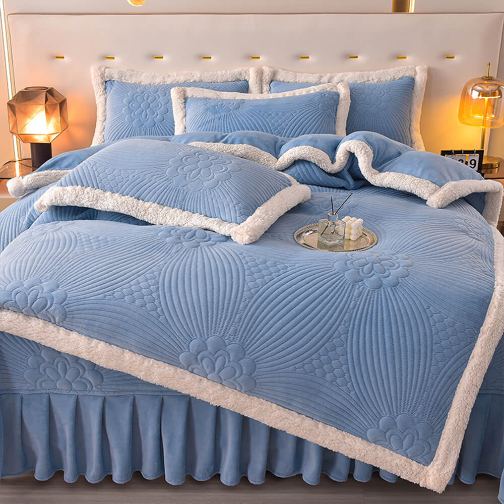 Floral Quilted Cosy Thickened Milk Fleece Bed Skirt Set