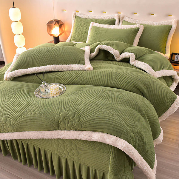 Floral Quilted Cosy Thickened Milk Fleece Bed Skirt Set