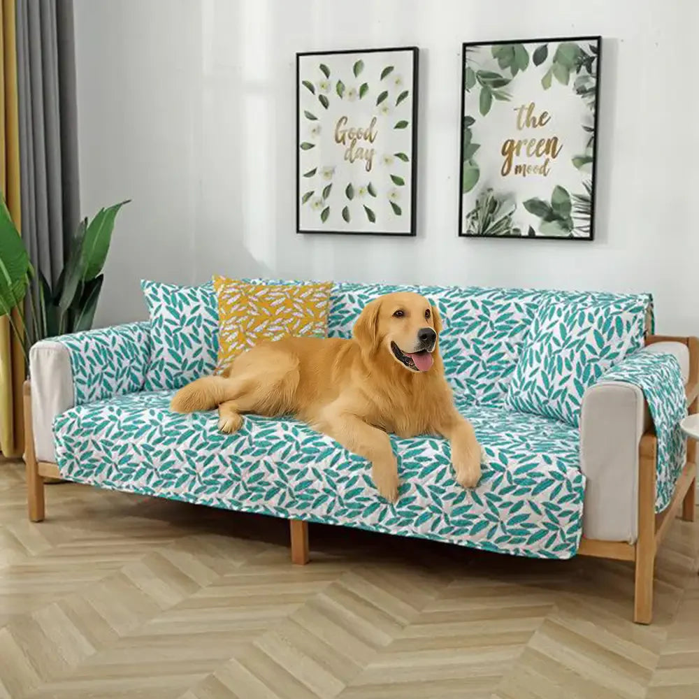 Leaf Print Quilted One-Piece Sofa Cover with Non-Slip Elastic Straps