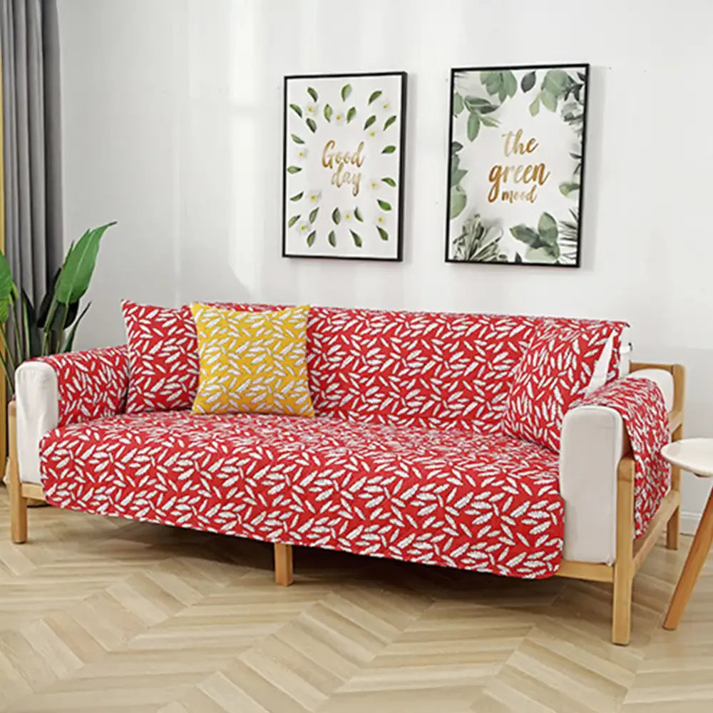 Leaf Print Quilted One-Piece Sofa Cover with Non-Slip Elastic Straps