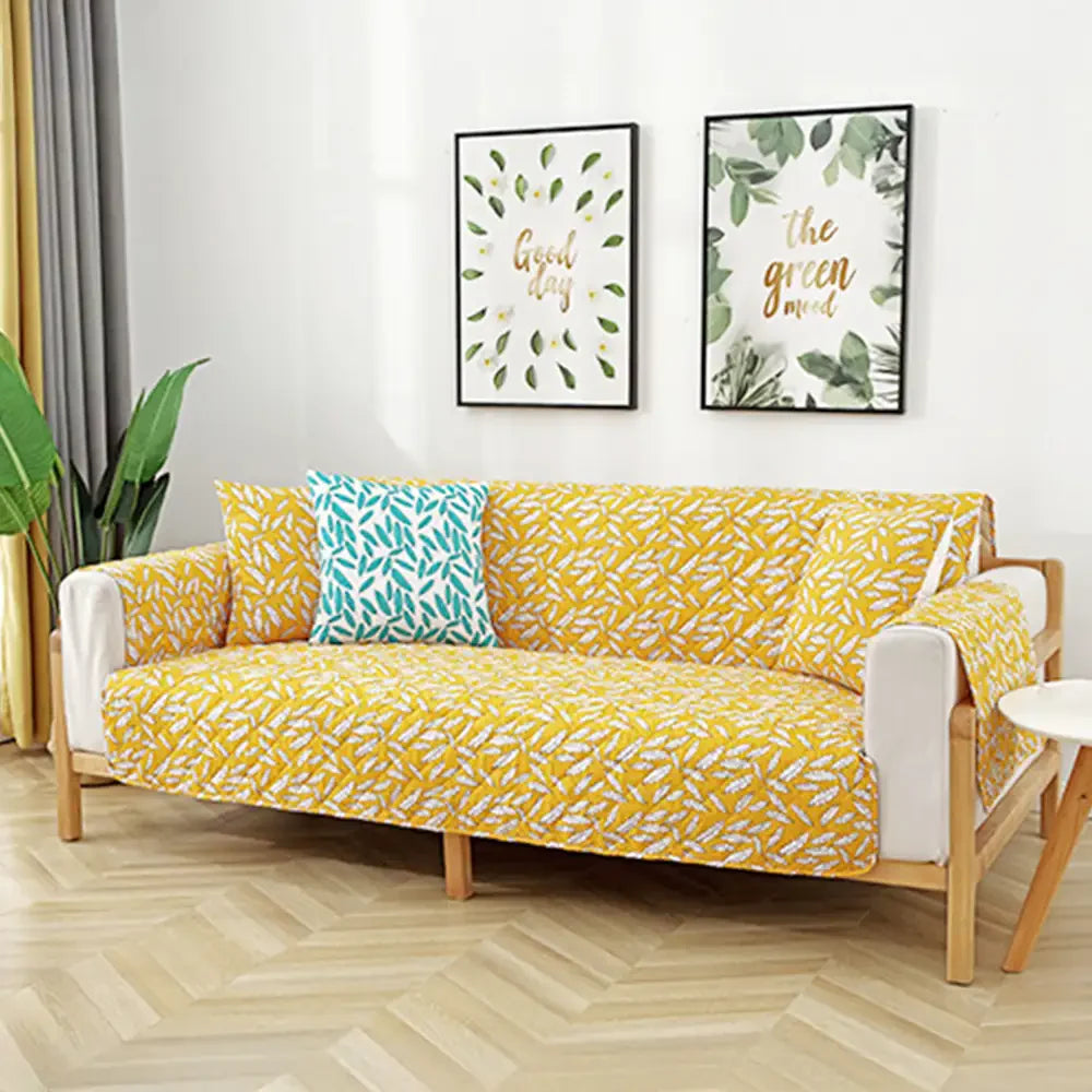 Leaf Print Quilted One-Piece Sofa Cover with Non-Slip Elastic Straps