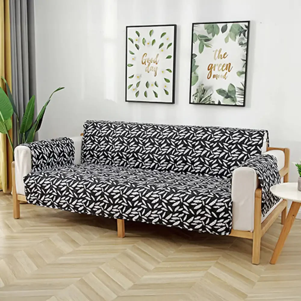 Leaf Print Quilted One-Piece Sofa Cover with Non-Slip Elastic Straps