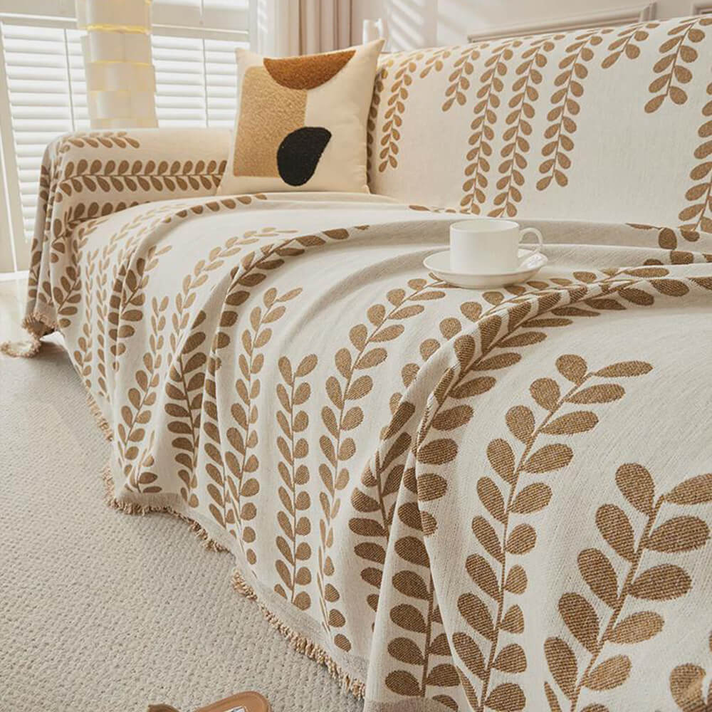 Leaf Stripe Chenille Fabric Fringe Decoration Sofa Cover