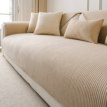 Modern Cream Vertical Stripes Fleece Sofa Cover for All Seasons