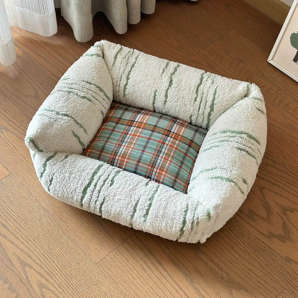 Modern Plaid Plush Thickened Square Calming Dog Bed