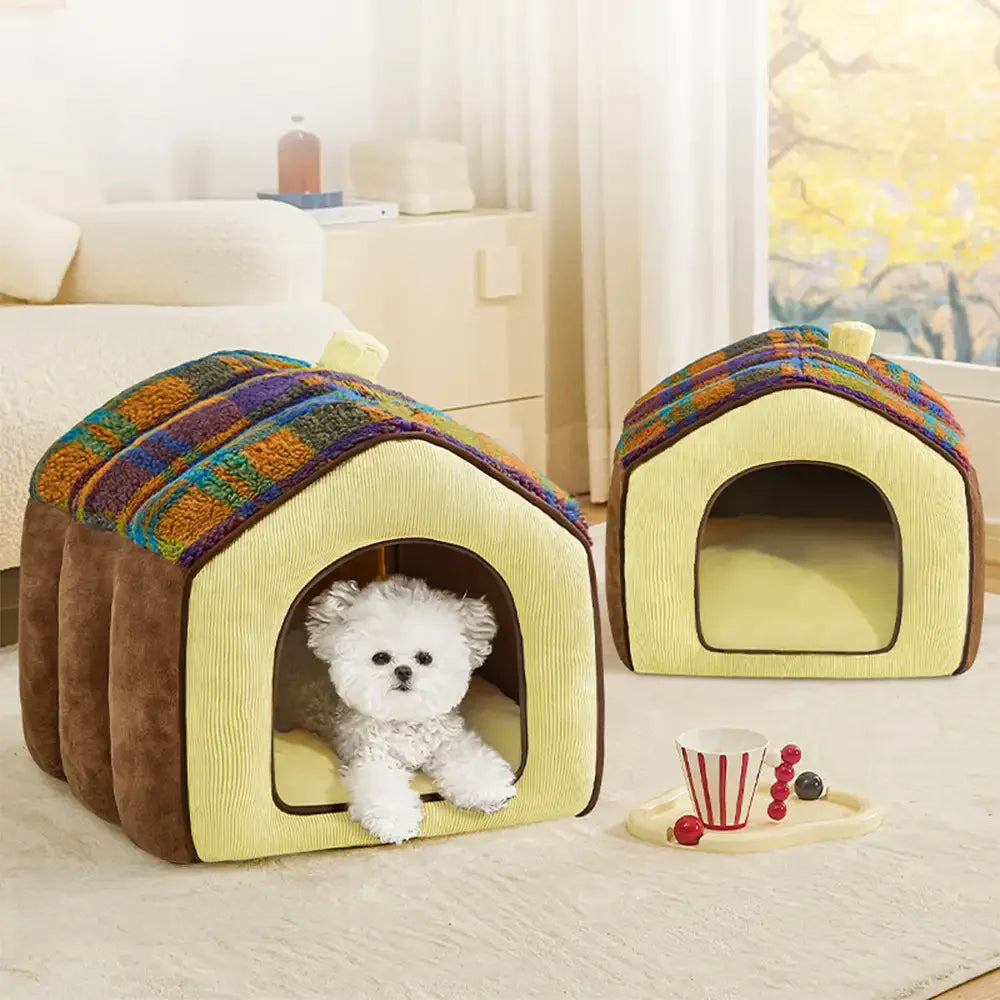 Plaid Retro Cosy Cave-Style Warm Deep Sleeping Dog & Cat Bed - Retro House