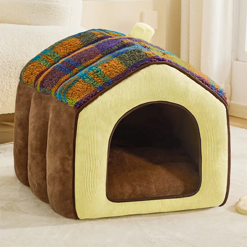 Plaid Retro Cosy Cave-Style Warm Deep Sleeping Dog & Cat Bed - Retro House