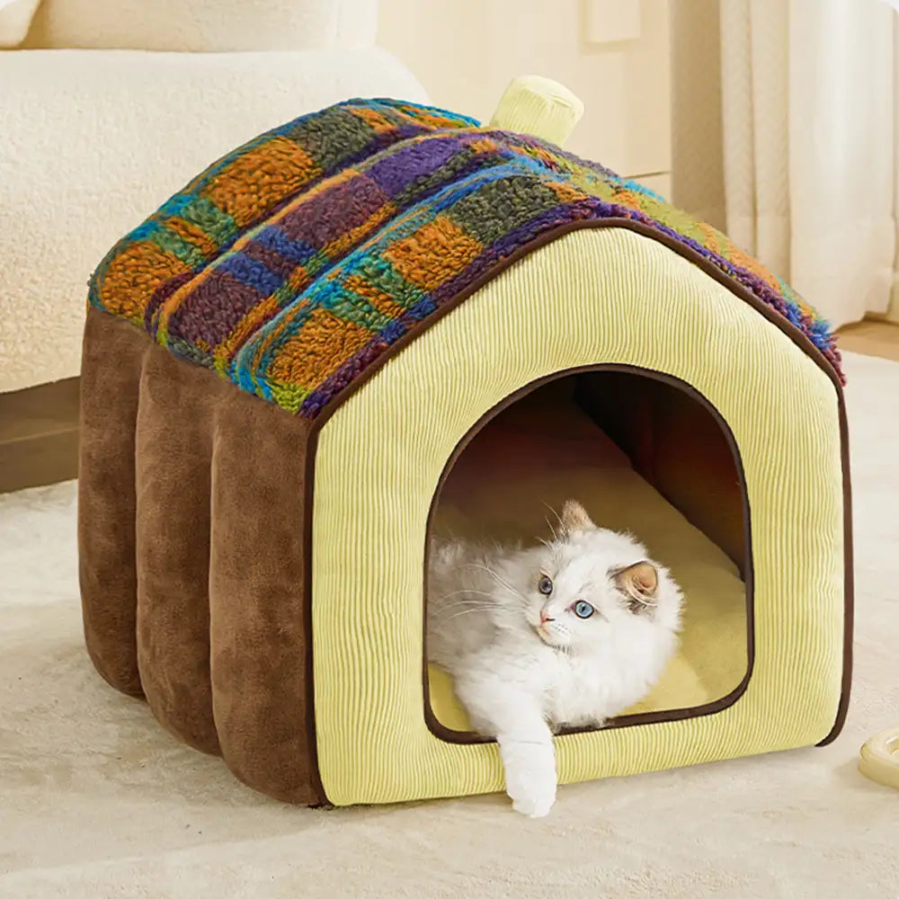 Plaid Retro Cosy Cave-Style Warm Deep Sleeping Dog & Cat Bed - Retro House