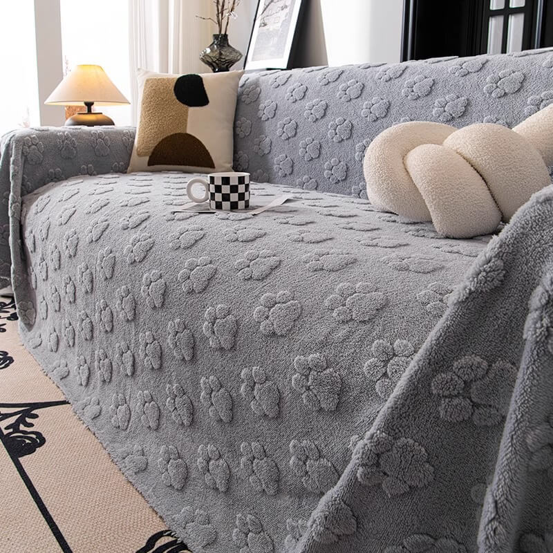 Plush Paw-Patterned Soft Furniture Protector Sofa Throw Cover