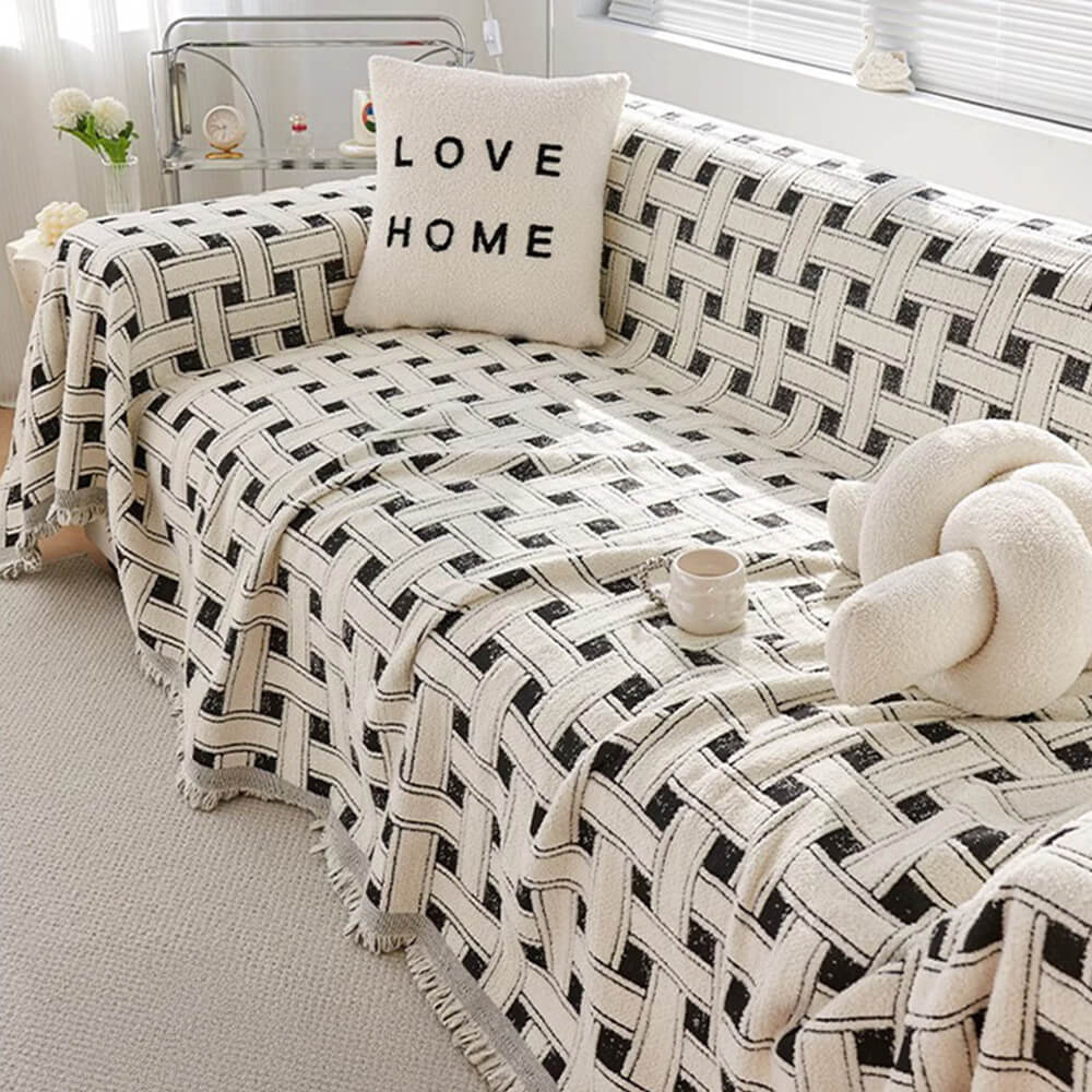 Stylish Chequered Fringed Tassel Chenille Sofa Protector Throw Sofa Cover