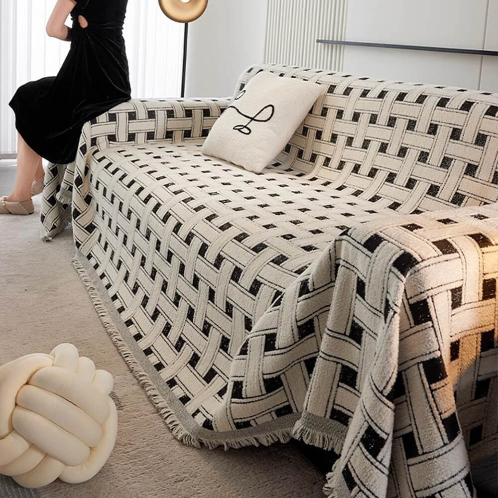 Stylish Chequered Fringed Tassel Chenille Sofa Protector Throw Sofa Cover