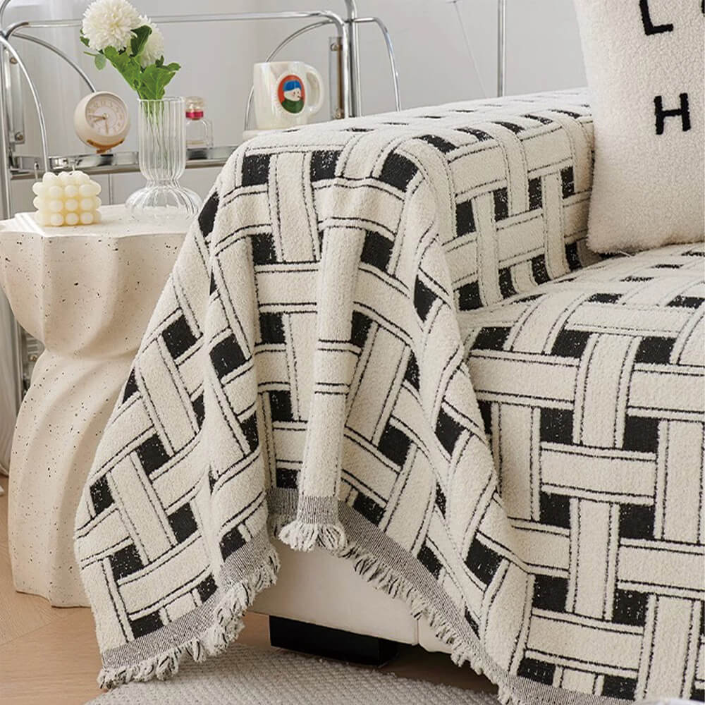 Stylish Chequered Fringed Tassel Chenille Sofa Protector Throw Sofa Cover