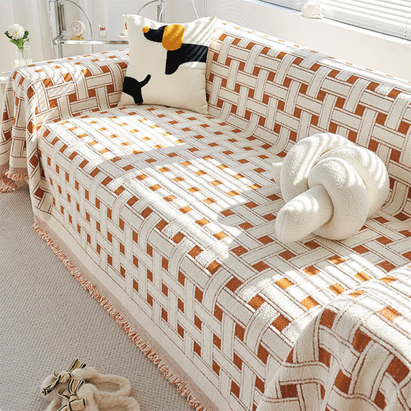Stylish Chequered Fringed Tassel Chenille Sofa Protector Throw Sofa Cover