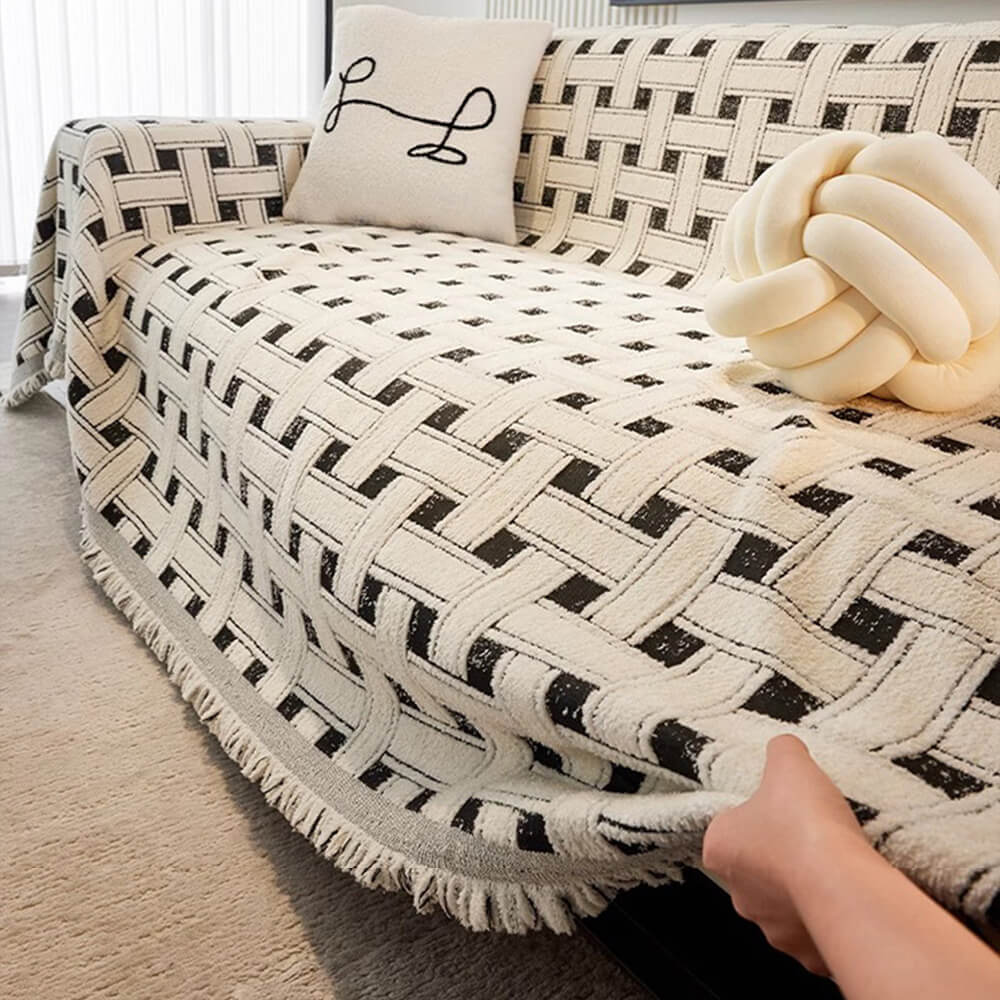 Stylish Chequered Fringed Tassel Chenille Sofa Protector Throw Sofa Cover