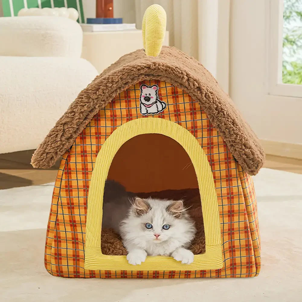Vintage Plaid Cosy Plush Warm Foldable Cat Cave Dog House