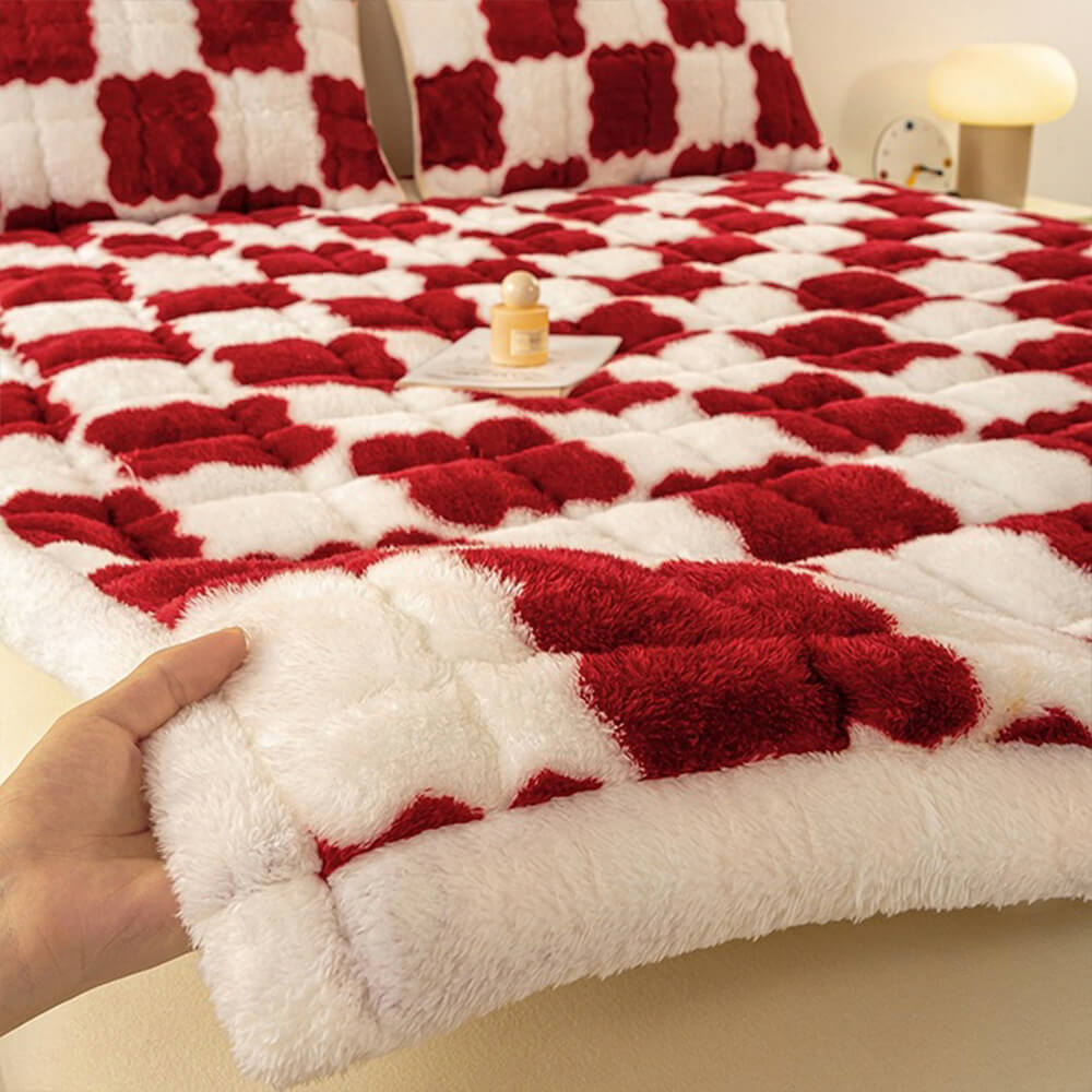 Warm Chequerboard Plush Mattress Topper and Pillowcase
