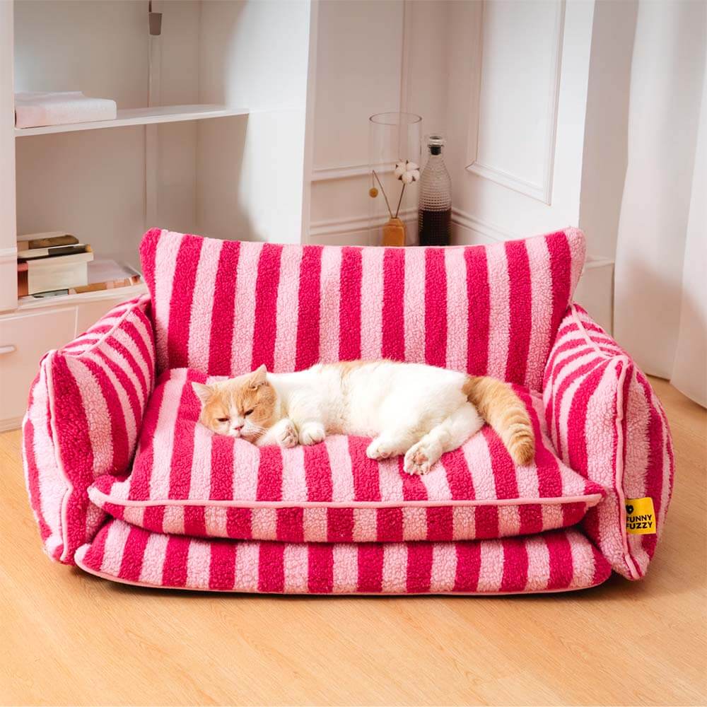 Trendy Striped Faux Lambswool Double Layer Cat Sofa Bed