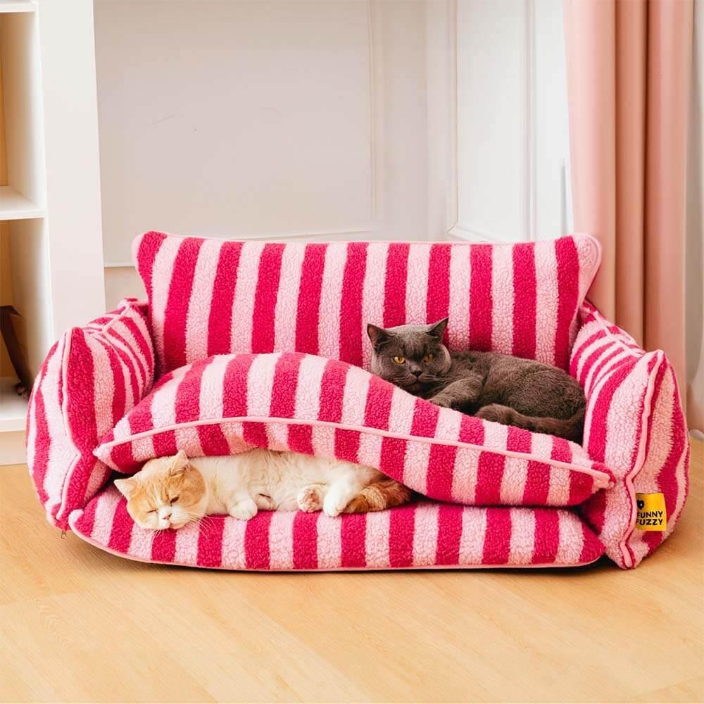 Trendy Striped Faux Lambswool Double Layer Cat Sofa Bed