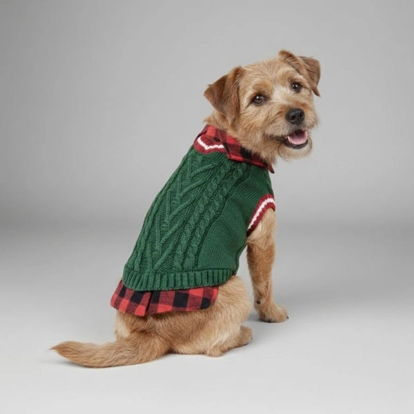Perfect for Fall Winter Plaid Collar Cable Knit Dog Jumper Dog Clothes
