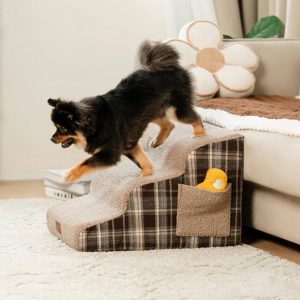Plush Plaid High-Density Sponge Removable Pet Ramp Steps - ComfyClimb