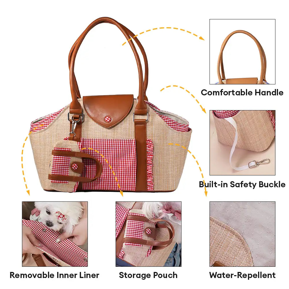 Portable Faux Woven Water-Repellent Pet Carrier Bag with Poop Bag Dispenser