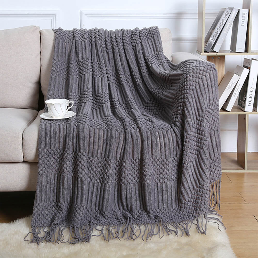 Luxuriously Soft Cosy Knitted Fleece Fringed Edges Throw Blanket