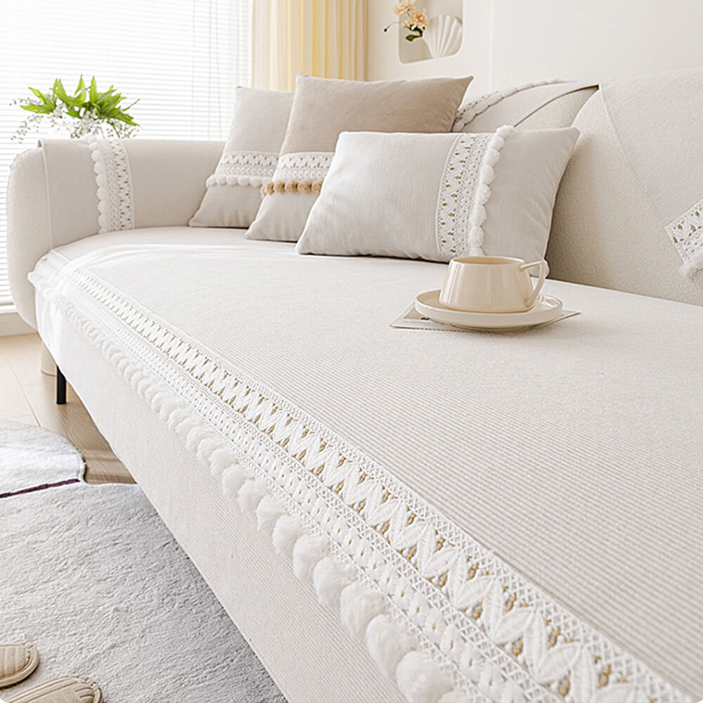 All-Season Waterproof Anti-Scratch Soft Corduroy Sofa Cover with Pom-poms