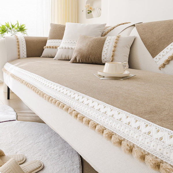 All-Season Waterproof Anti-Scratch Soft Corduroy Sofa Cover with Pom-poms