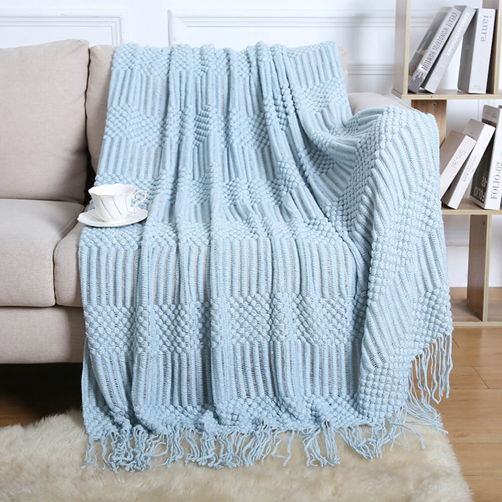 Luxuriously Soft Cosy Knitted Fleece Fringed Edges Throw Blanket