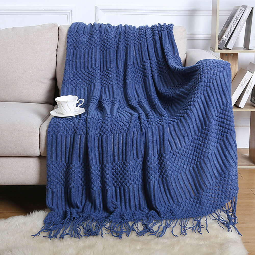 Luxuriously Soft Cosy Knitted Fleece Fringed Edges Throw Blanket