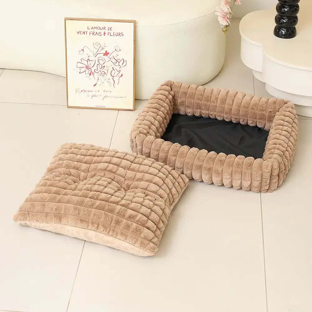 Square Striped Short Plush Fluffy Dog Bed for Small to Large Dogs’ Deep Rest