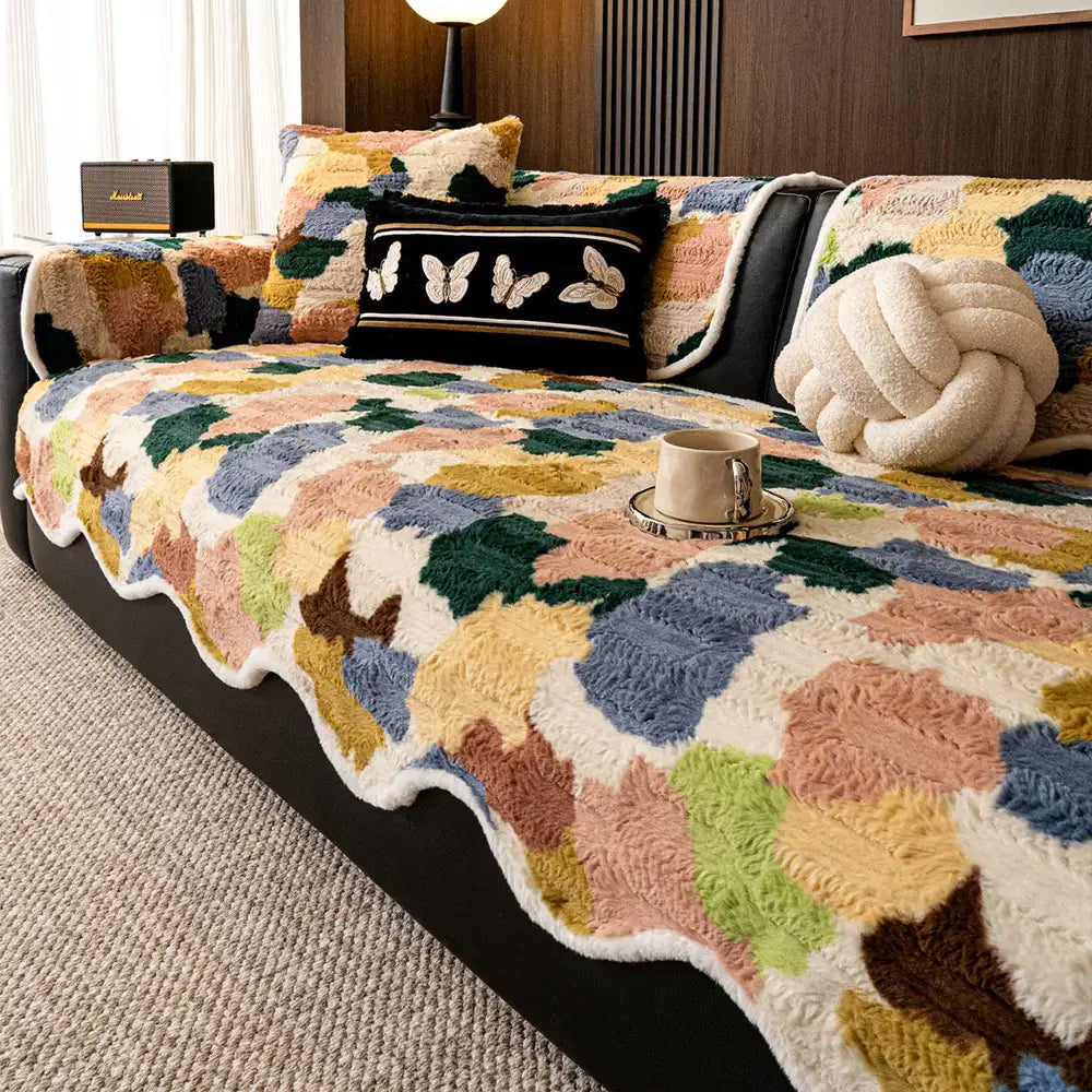 Stylish Colour-Blocked Faux Rabbit Fur Soft Non-Slip Irregularly Shaped Sofa Cover