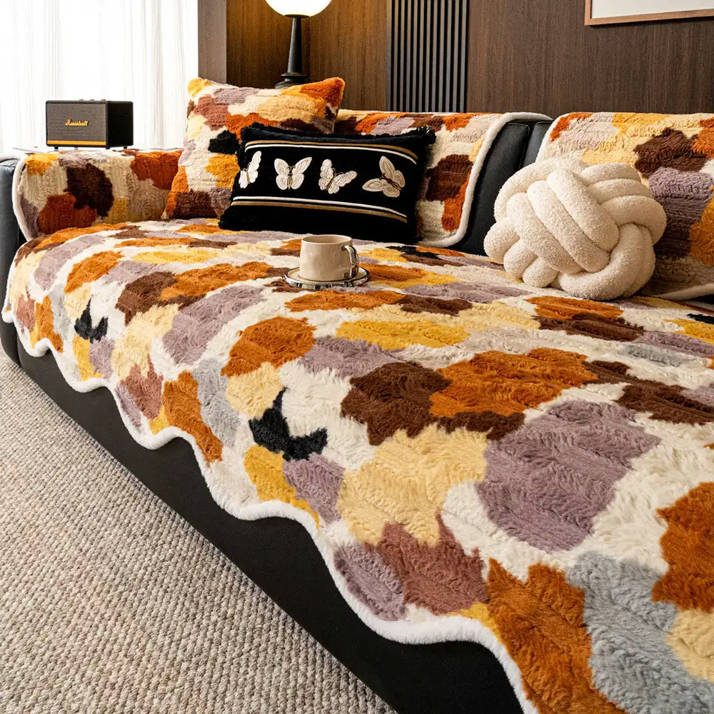 Stylish Colour-Blocked Faux Rabbit Fur Soft Non-Slip Irregularly Shaped Sofa Cover