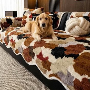 Stylish Colour-Blocked Faux Rabbit Fur Soft Non-Slip Irregularly Shaped Sofa Cover