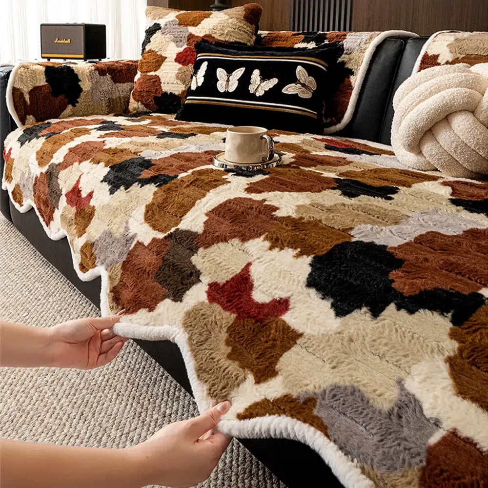 Stylish Colour-Blocked Faux Rabbit Fur Soft Non-Slip Irregularly Shaped Sofa Cover