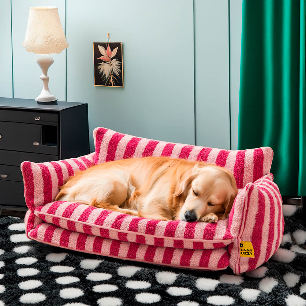 Trendy Striped Faux Lambswool Double Layer Garden Outdoor Dog & Cat Sofa Bed