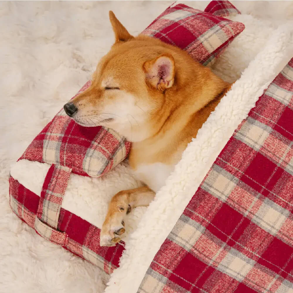 Vintage Plaid Plush Detachable Orthopaedic Dog Bed with Pillow - Puppy Snug
