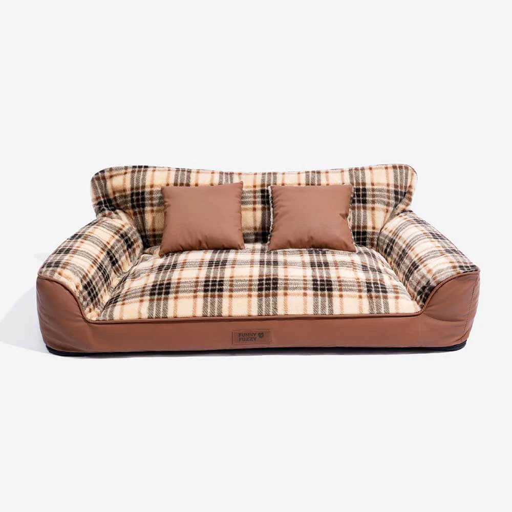 Vintage Plaid Plush Orthopaedic Dog Sofa Bed with Pillows - CosyLuxe