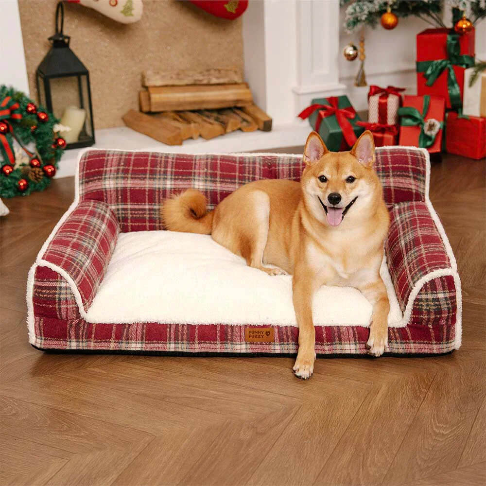 Vintage Plaid Plush Whashable Bolster Dog Sofa Bed - Chris-Nook